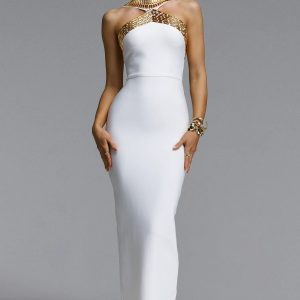riza halter rhinestone bandage white maxi dress 11