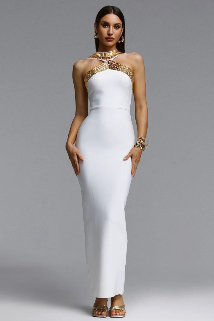 riza halter rhinestone bandage white maxi dress 11