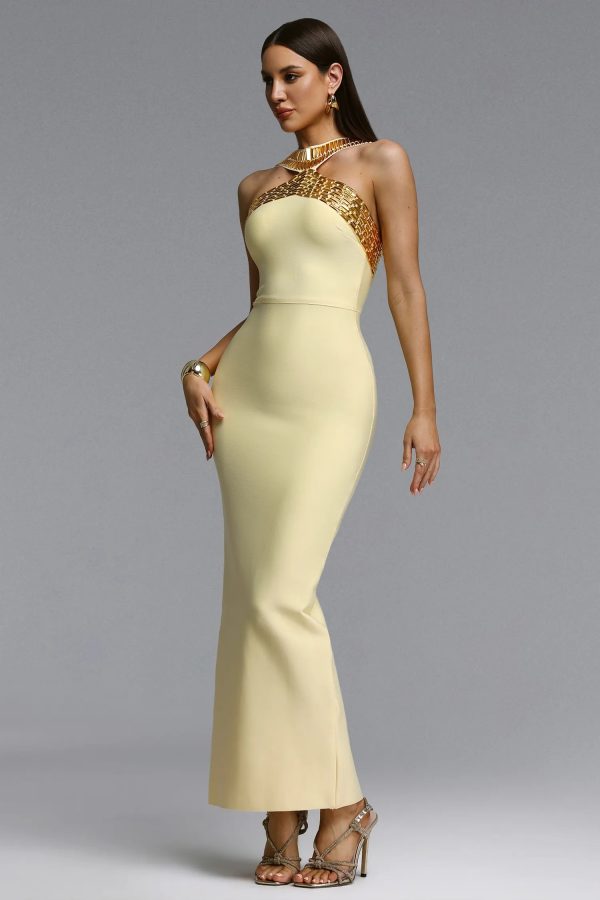 riza halter rhinestone bandage yellow maxi dress 15