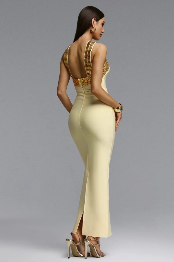 riza halter rhinestone bandage yellow maxi dress 16