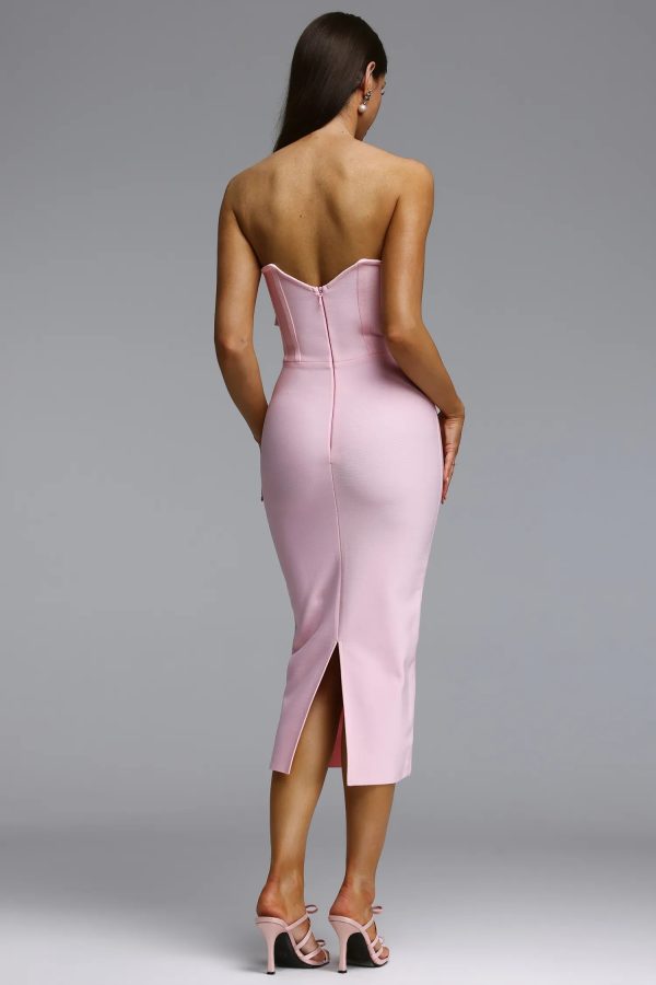 rumi strapless floral bandage midi dress 16