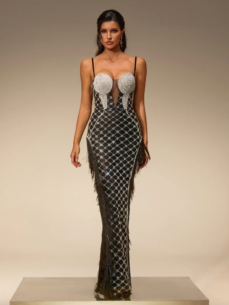 siesina spaghetti sequin fringe maxi dress 11