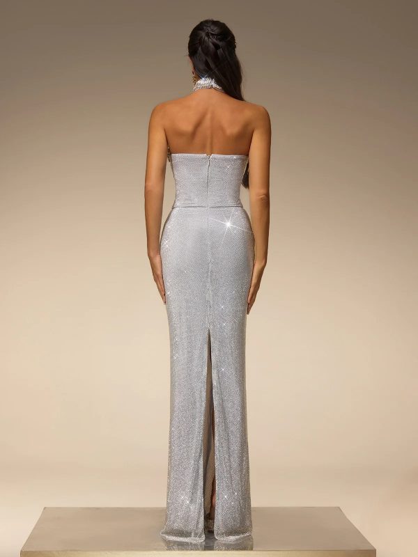subtrix strapless rhinestone mesh maxi dress 16
