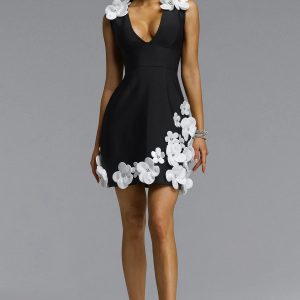 taj deep v floral bandage black mini dress 11