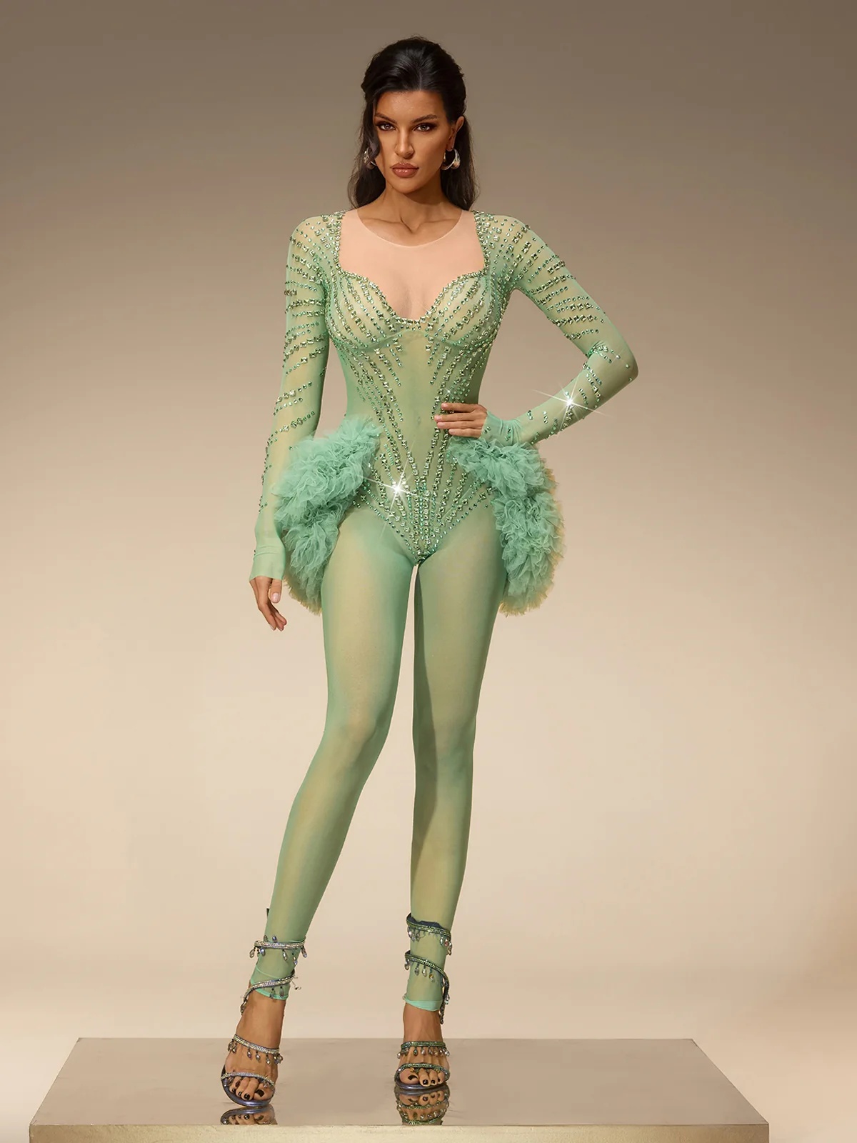zireth long sleeve crystal mesh jumpsuit 11