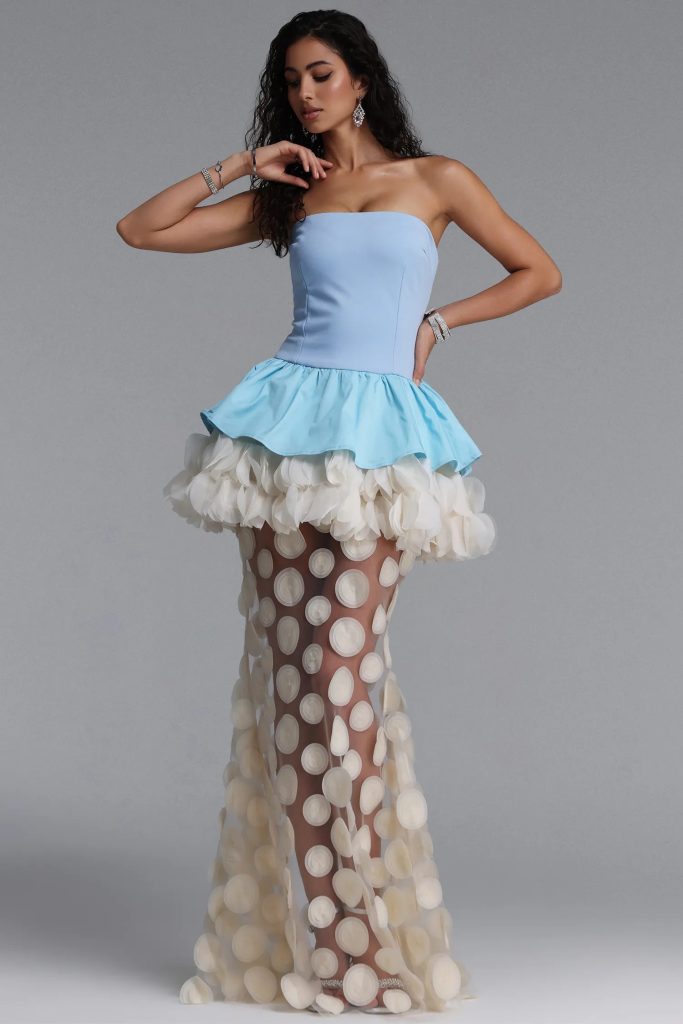 chaka strapless flower mesh maxi dress in blue 11