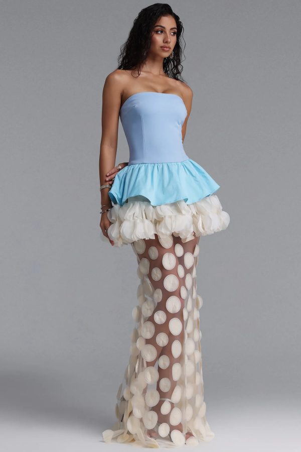 chaka strapless flower mesh maxi dress in blue 15