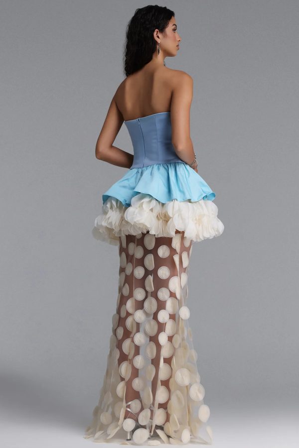 chaka strapless flower mesh maxi dress in blue 16