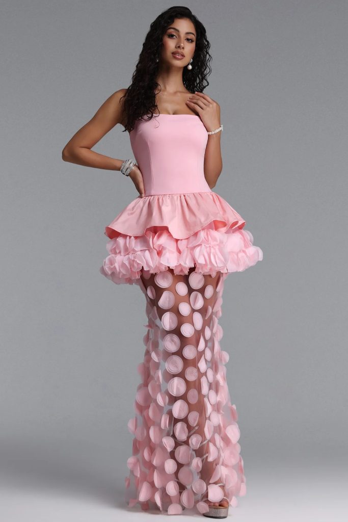 chaka strapless flower mesh maxi dress in pink 11