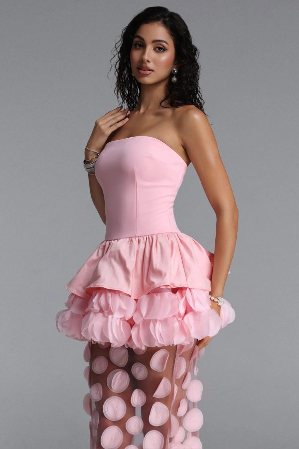 chaka strapless flower mesh maxi dress in pink 14