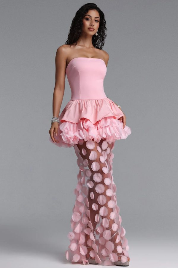 chaka strapless flower mesh maxi dress in pink 15