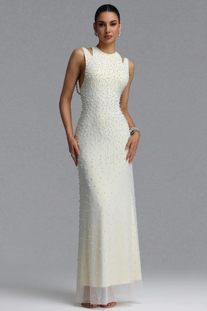 dilara sleeveless cutout shoulder all over pearl mesh maxi evening dress 11