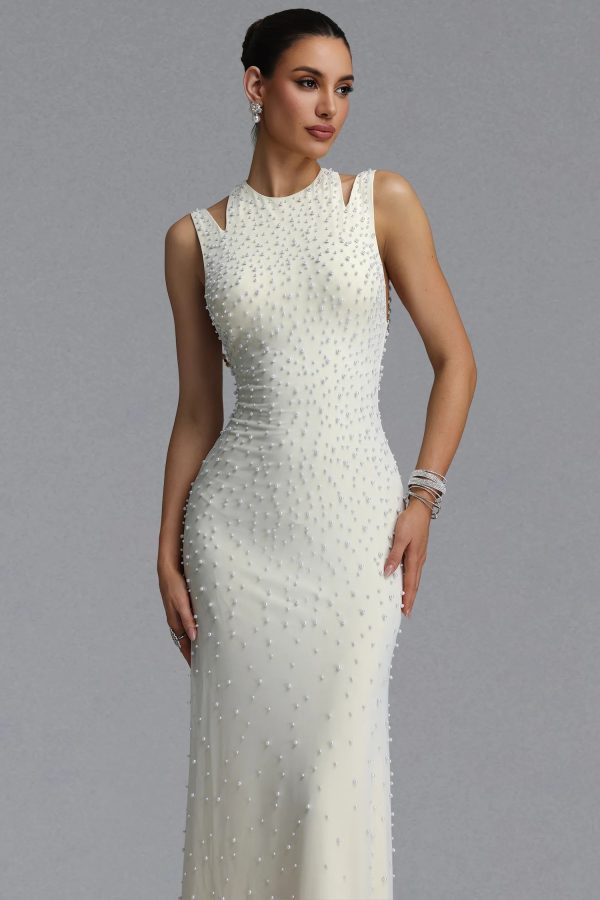 dilara sleeveless cutout shoulder all over pearl mesh maxi evening dress 12