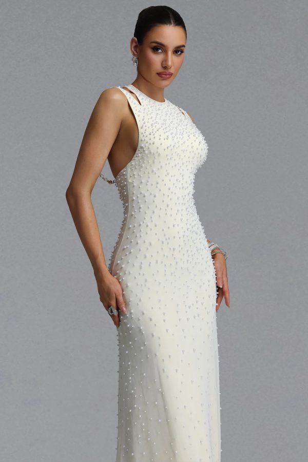 dilara sleeveless cutout shoulder all over pearl mesh maxi evening dress 13