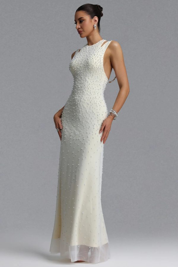 dilara sleeveless cutout shoulder all over pearl mesh maxi evening dress 14