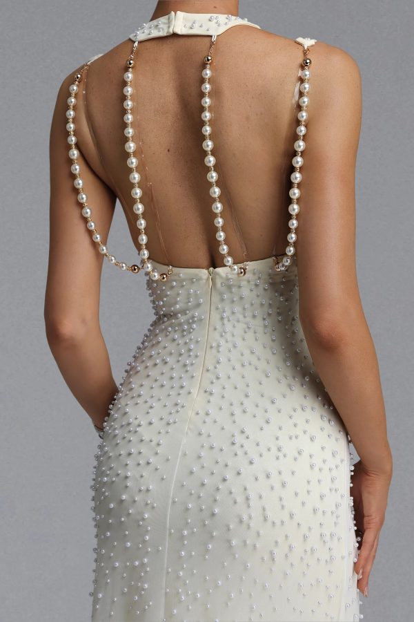 dilara sleeveless cutout shoulder all over pearl mesh maxi evening dress 15