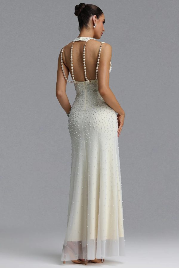 dilara sleeveless cutout shoulder all over pearl mesh maxi evening dress 16