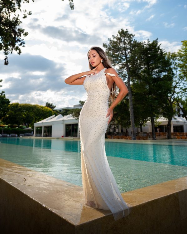 dilara sleeveless cutout shoulder all over pearl mesh maxi evening dress 22