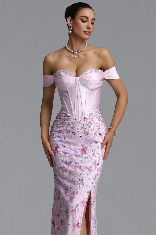 enya off shoulder satin floral print sequin sheer mesh maxi dress 12