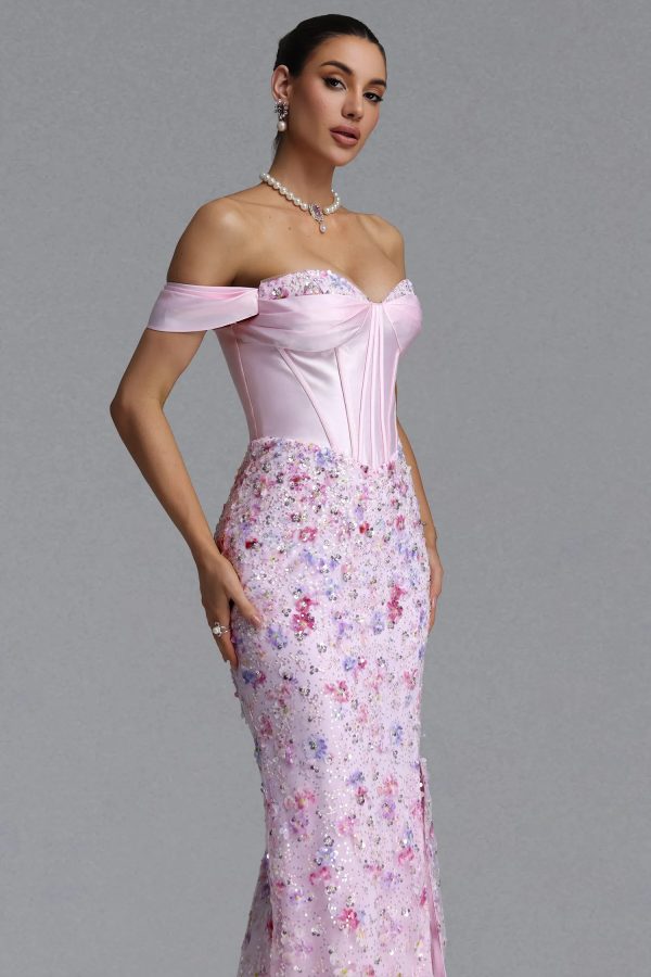 enya off shoulder satin floral print sequin sheer mesh maxi dress 14