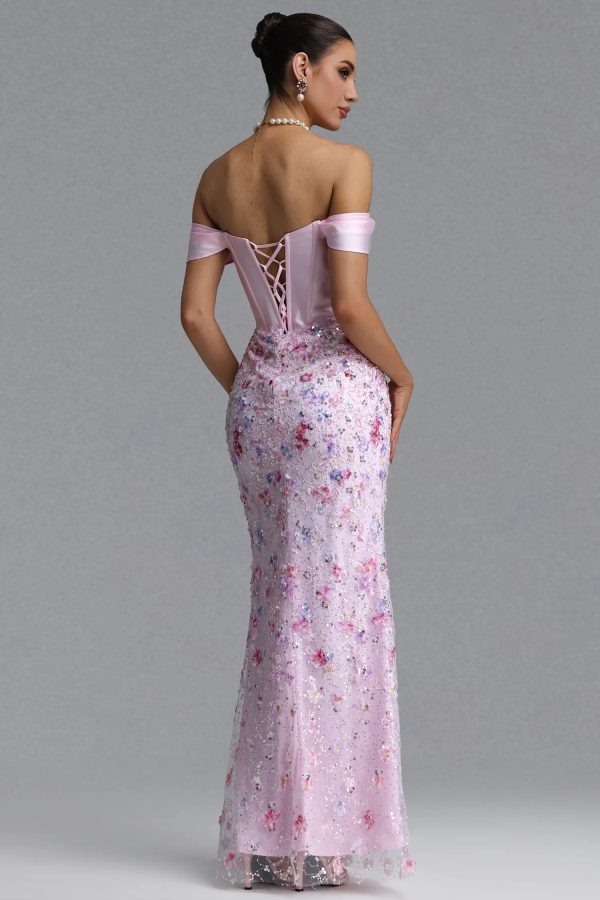 enya off shoulder satin floral print sequin sheer mesh maxi dress 16