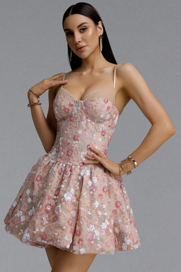 evvie corset floral sequin tulle pink mini dress 14