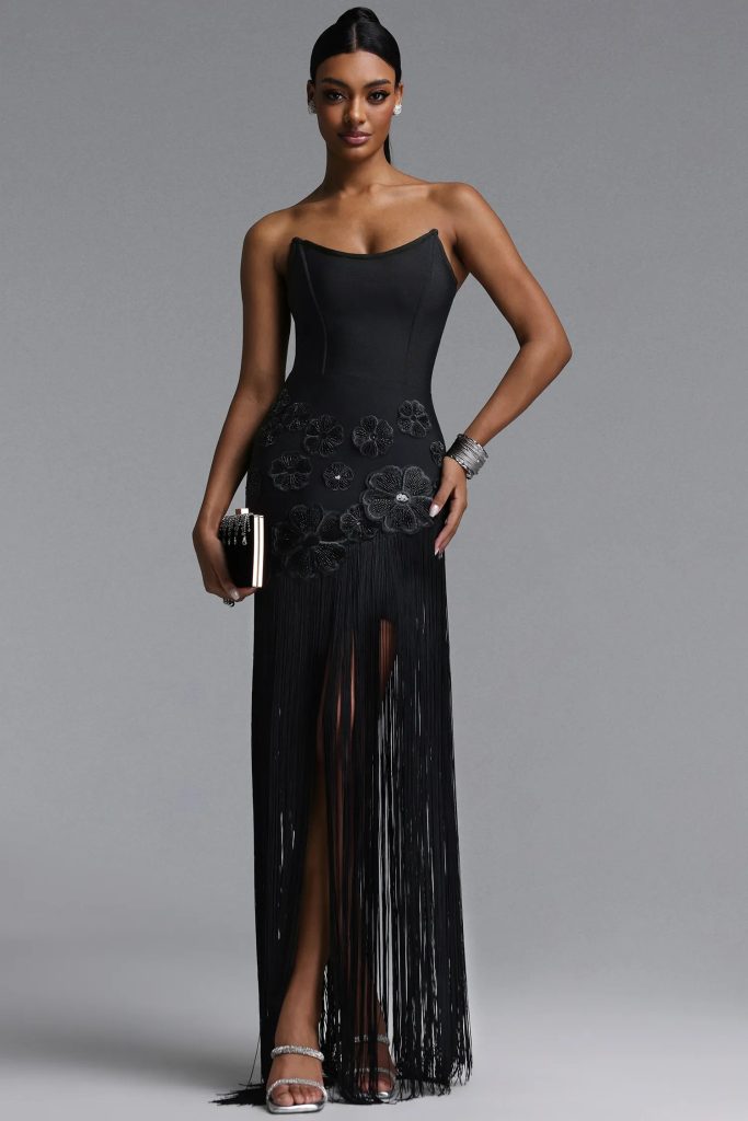 ezgi strapless floral fringe bandage maxi dress in black 11
