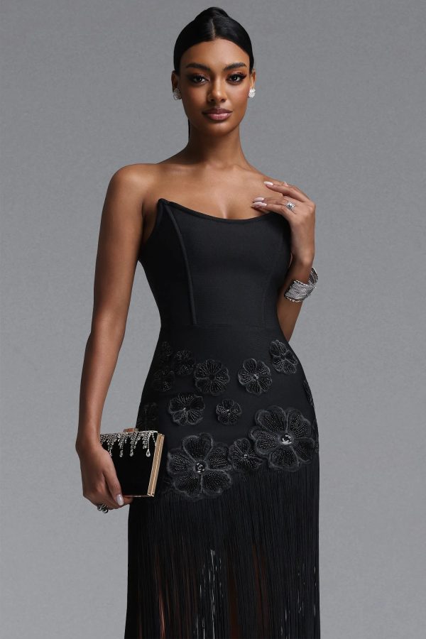 ezgi strapless floral fringe bandage maxi dress in black 12