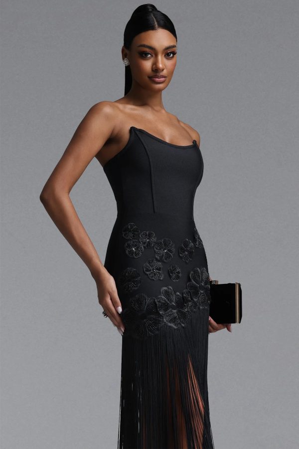 ezgi strapless floral fringe bandage maxi dress in black 14