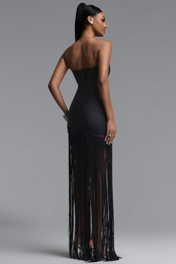 ezgi strapless floral fringe bandage maxi dress in black 16