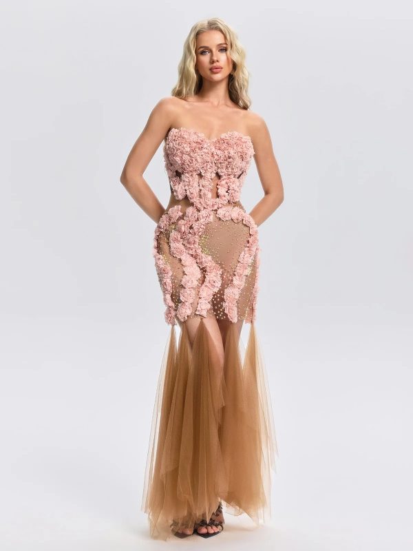 feryal strapless flower mesh maxi dress 12