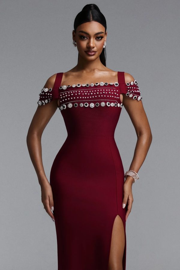 finch off shoulder rhinestone bandage maxi dress 12