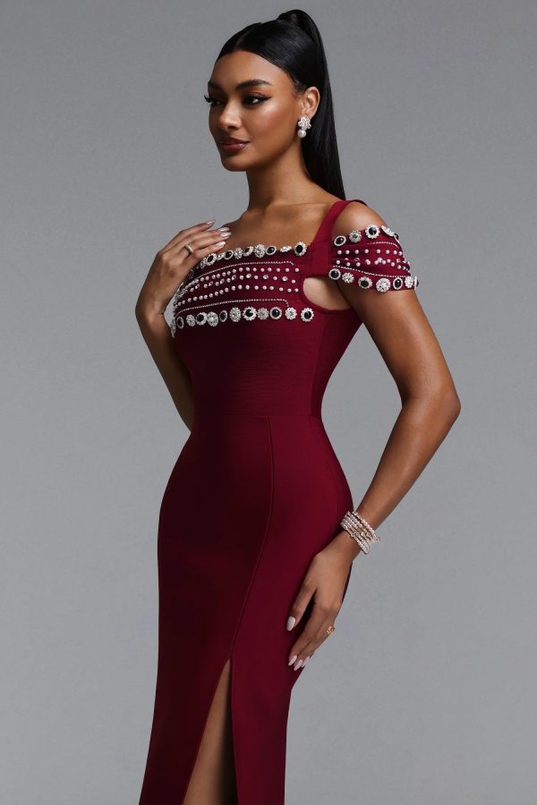 finch off shoulder rhinestone bandage maxi dress 14