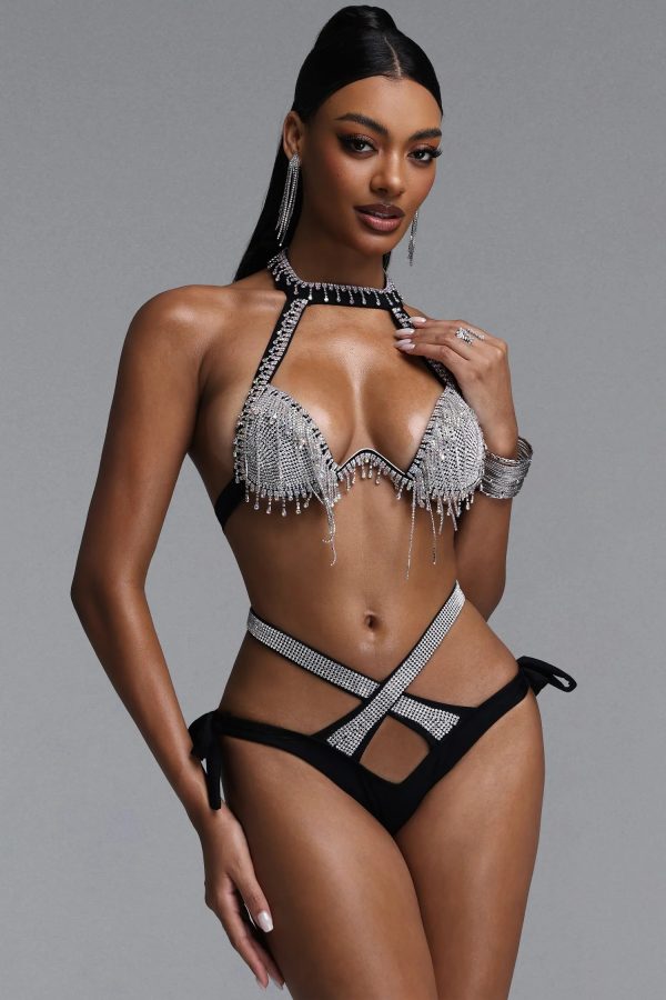gaki halter rhinestone tassel cross tie bikini set in black 12