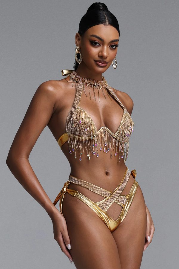 gaki halter rhinestone tassel cross tie bikini set in gold 12