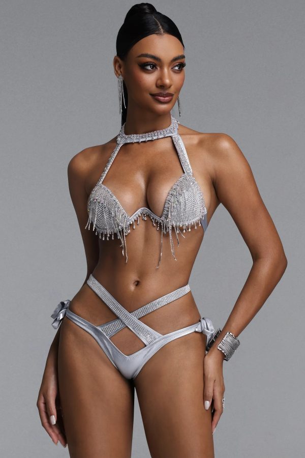 gaki halter rhinestone tassel cross tie bikini set in silver 14