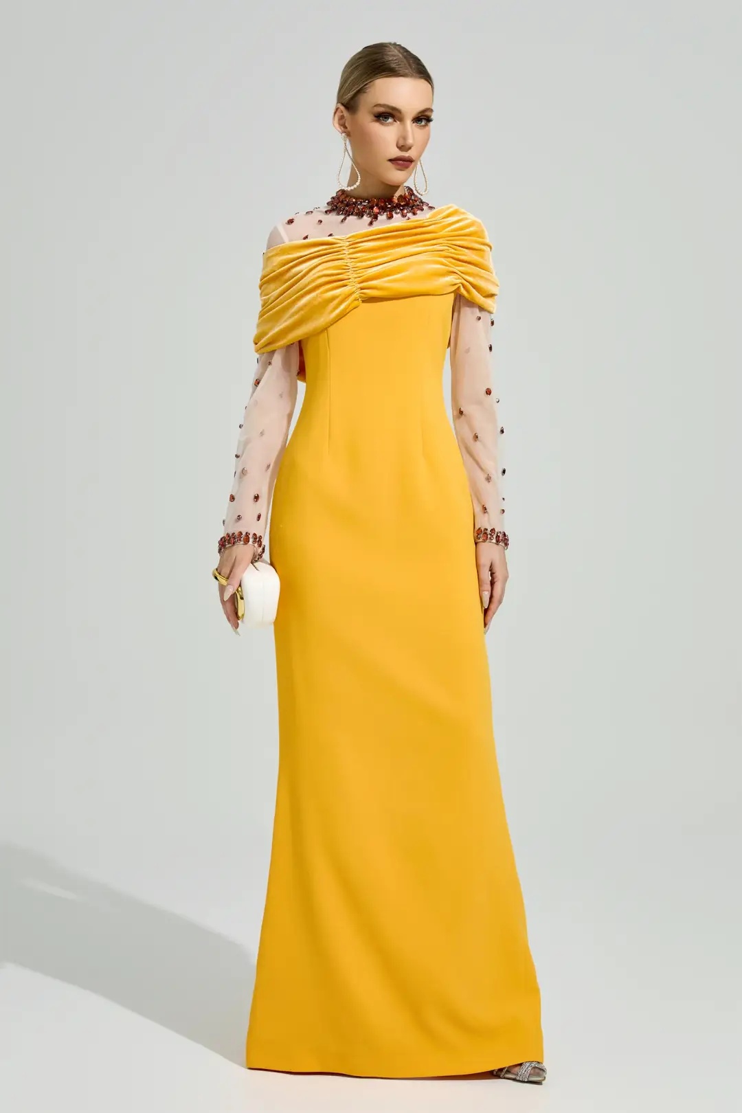 galvethor crystal mesh ruched maxi dress 11