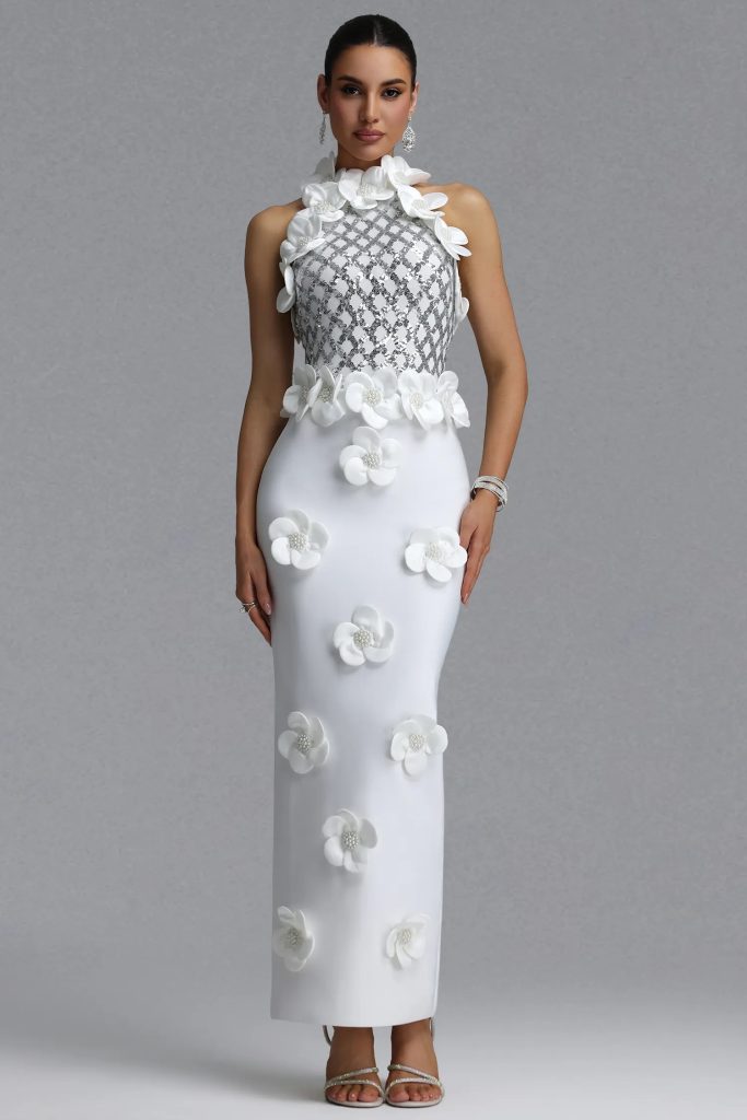 giela oria pearl floral bandage white maxi dress 11