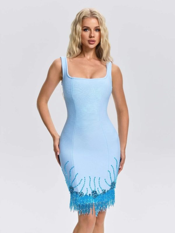 grimrics fringe crystal mini dress in blue 12