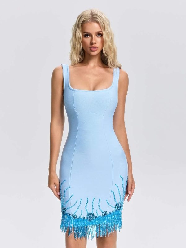 grimrics fringe crystal mini dress in blue 14