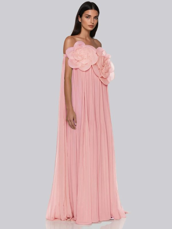 grythalen off shoulder flower pleated maxi dress in pink 12
