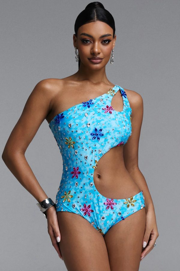 jaxon asymmetric one shoulder cutout floral rhinestone one piece swimsuit 12