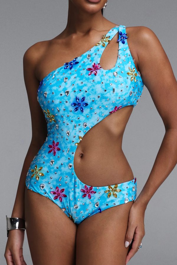 jaxon asymmetric one shoulder cutout floral rhinestone one piece swimsuit 13