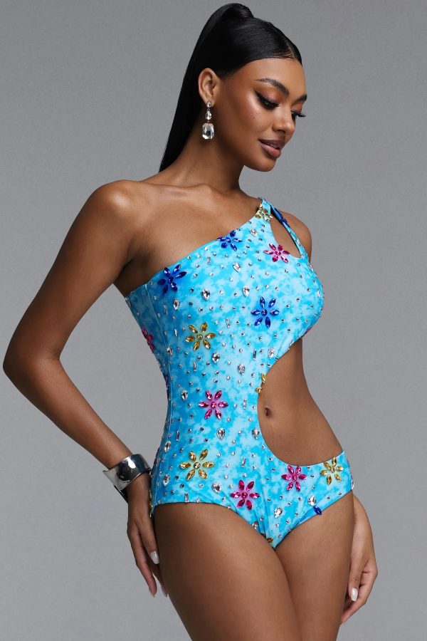 jaxon asymmetric one shoulder cutout floral rhinestone one piece swimsuit 14