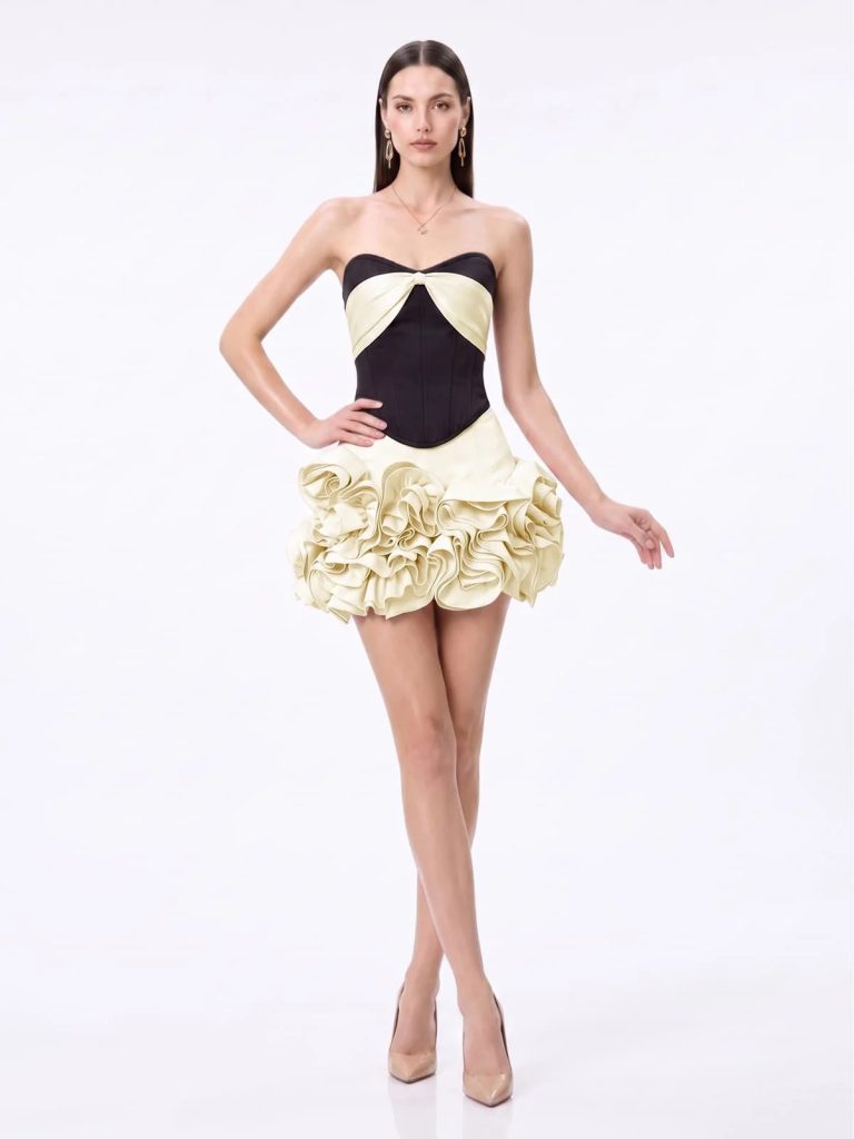 jorvani strapless flower skirt set in beige 11