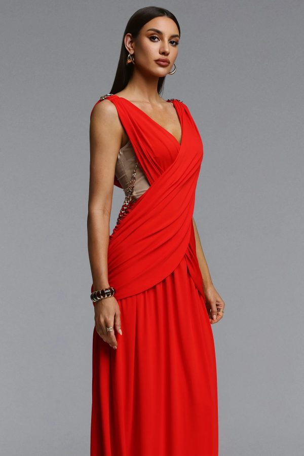 kaia v neck metal chain pleated maxi dress 12