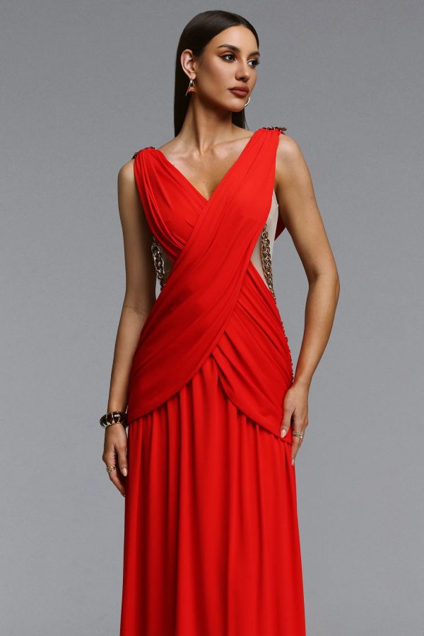 kaia v neck metal chain pleated maxi dress 14
