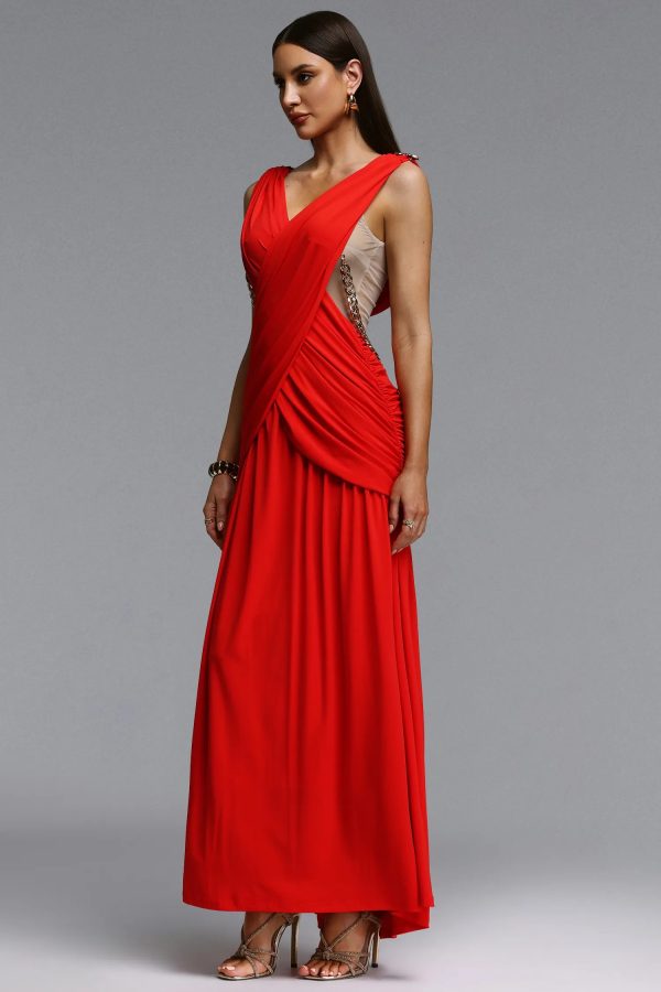 kaia v neck metal chain pleated maxi dress 15