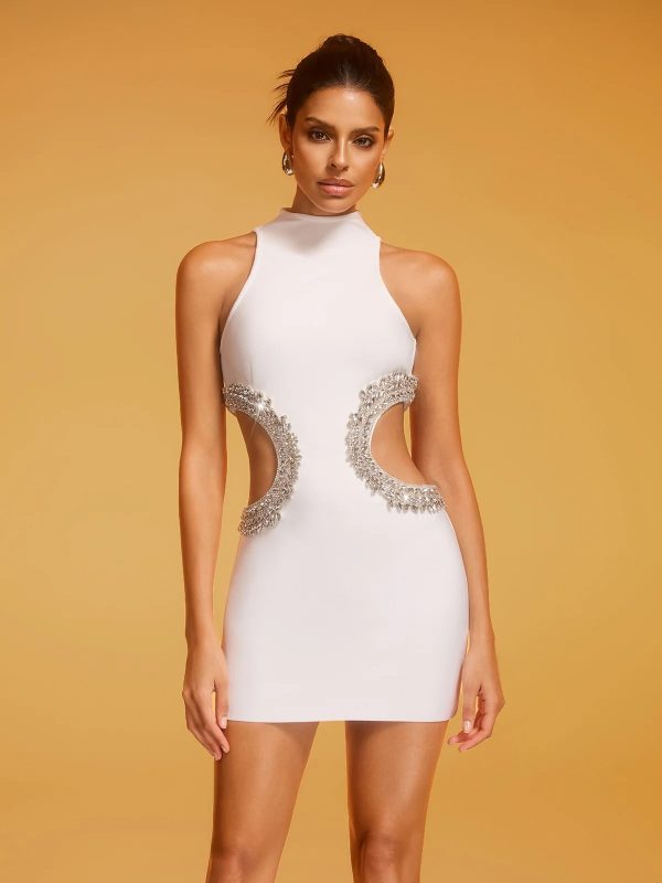 lenticor sleeveless cutout crystal mini dress in white 14