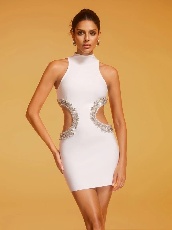 lenticor sleeveless cutout crystal mini dress in white 15